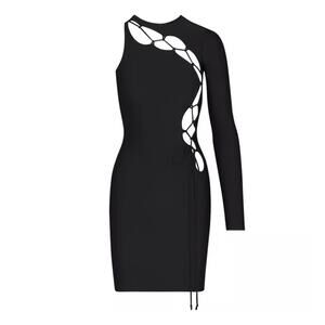 Skims Onyx Black High Neck Long Sleeve Lace Up Bodycon Mini Dress